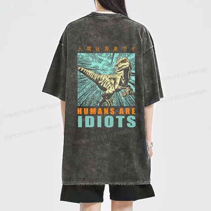 Tokyo-Tiger Mocking Dinosaurs Japanese Front Back Washed T-Shirt