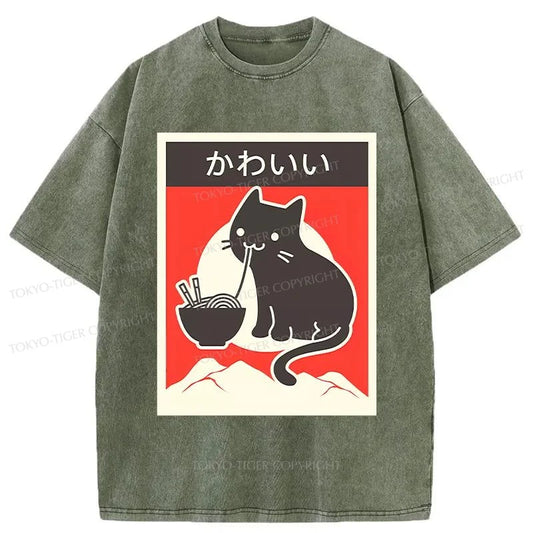 Tokyo-Tiger Kawaii Vintage Ramen Cat Washed T-Shirt