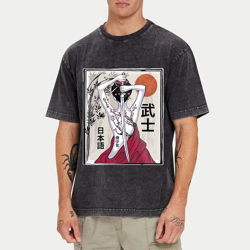 Tokyo-Tiger Japanese Samurai Scenery Washed T-Shirt