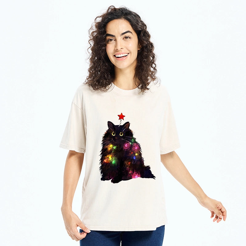 Tokyo-Tiger Christmas Lights Cat Washed T-Shirt