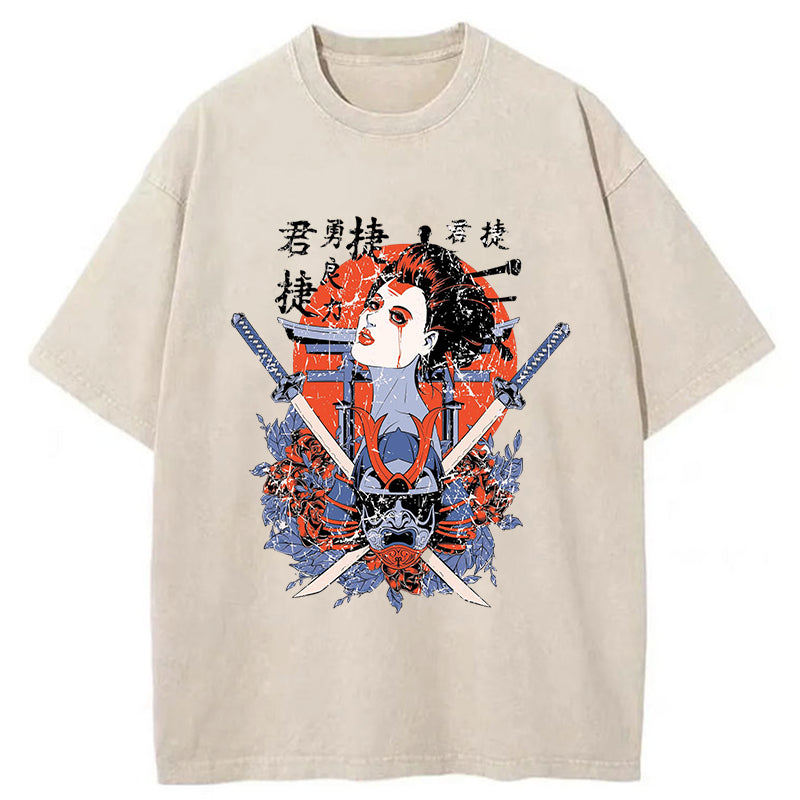 Tokyo-Tiger Samurai Geisha Kanji Washed T-Shirt