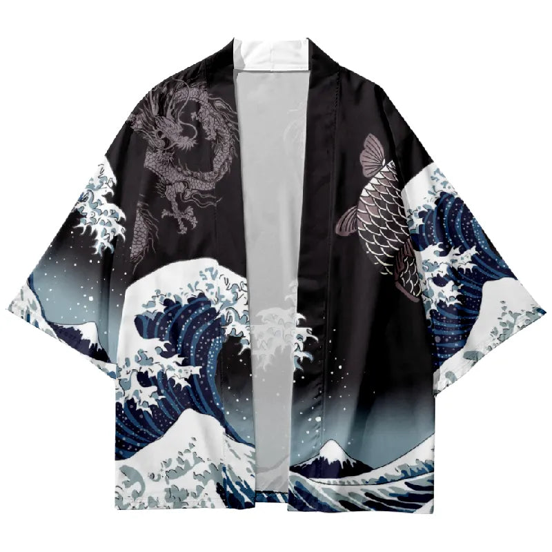 Tokyo-Tiger Ukiyoe Painting Of Waves Japanese Kimono Cardigan