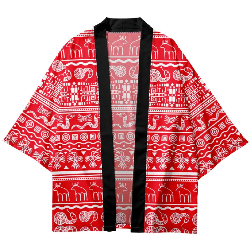 Tokyo-Tiger Retro Red Background With White Stripes Japanese Kimono Cardigan