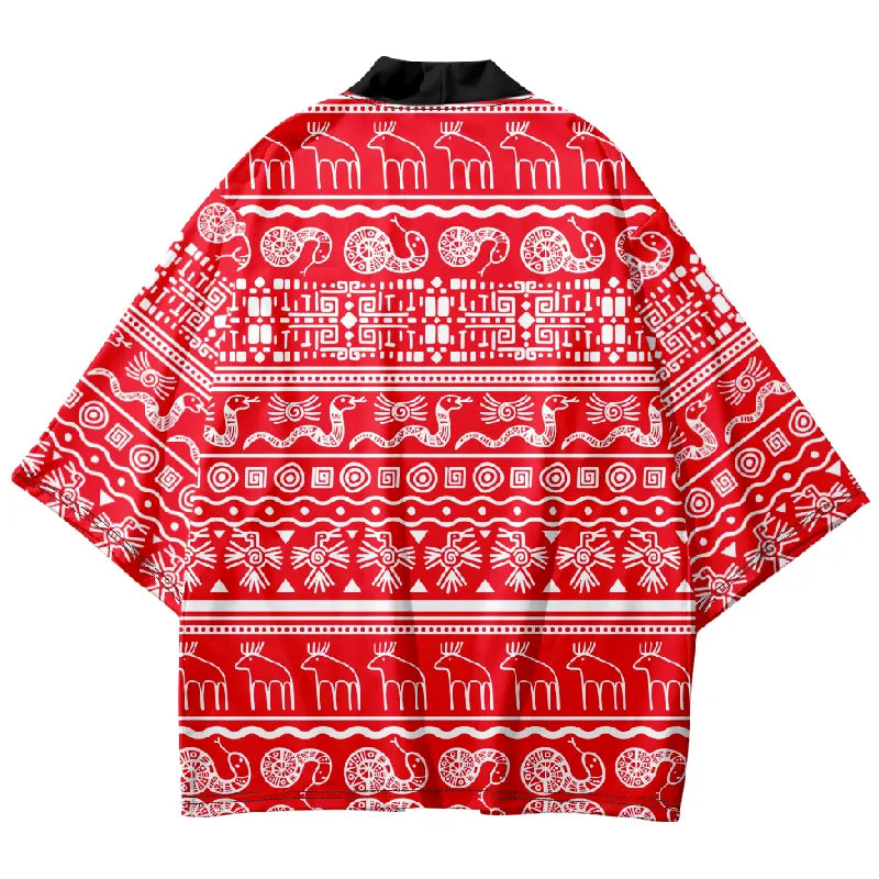 Tokyo-Tiger Retro Red Background With White Stripes Japanese Kimono Cardigan