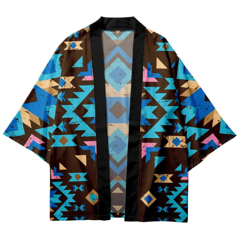 Tokyo-Tiger Blue Black Diamond Grid Japanese Kimono Cardigan
