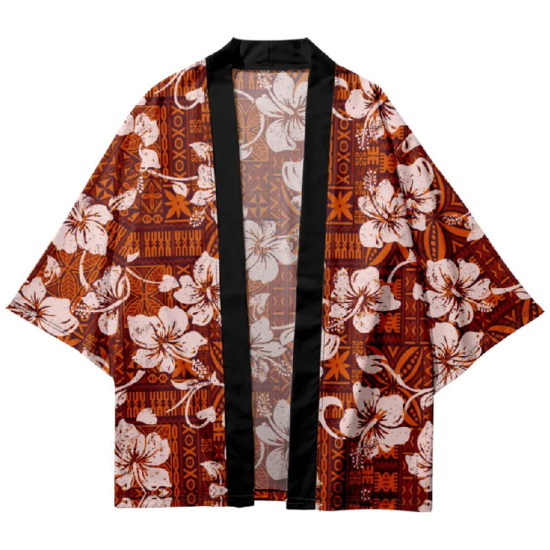 Tokyo-Tiger Retro Brown Background With White Flowers Japanese Kimono Cardigan