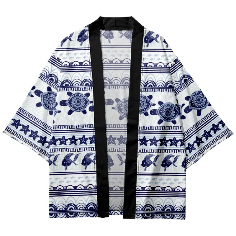 Tokyo-Tiger Blue Marine Creature Pattern Japanese Kimono Cardigan
