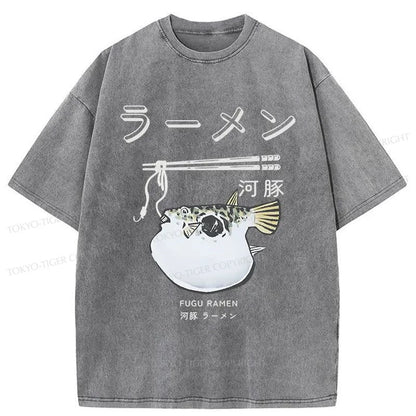 Tokyo-Tiger Pufferfish Eat Ramen Washed T-Shirt