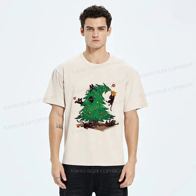 Tokyo-Tiger Cat Hiding In The Christmas Tree Washed T-Shirt