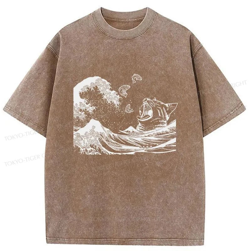 Tokyo-Tiger Wave And Cat Japanese Washed T-Shirt