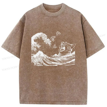 Tokyo-Tiger Wave And Cat Japanese Washed T-Shirt