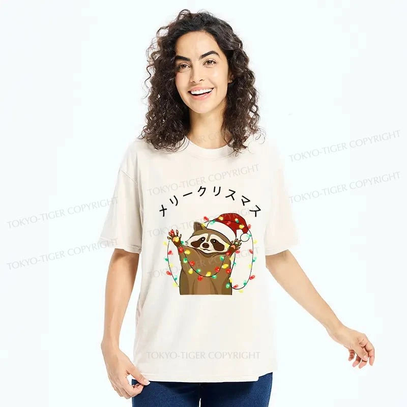 Tokyo-Tiger Raccoon Christmas Washed T-Shirt