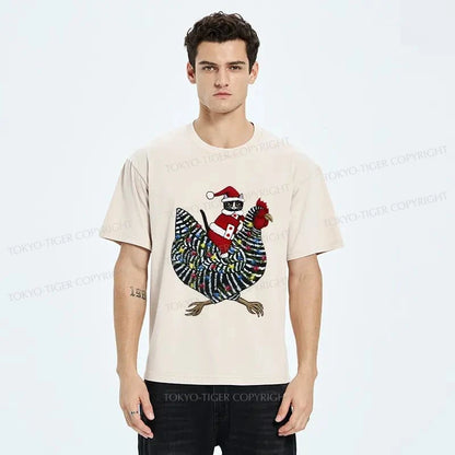 Tokyo-Tiger Christmas Cat Riding Chicken Washed T-Shirt