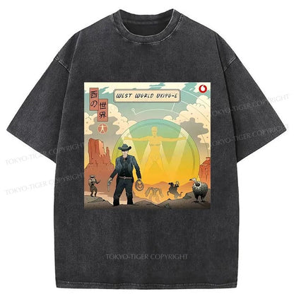 Tokyo-Tiger Western World Ukiyo-e Style Washed T-Shirt