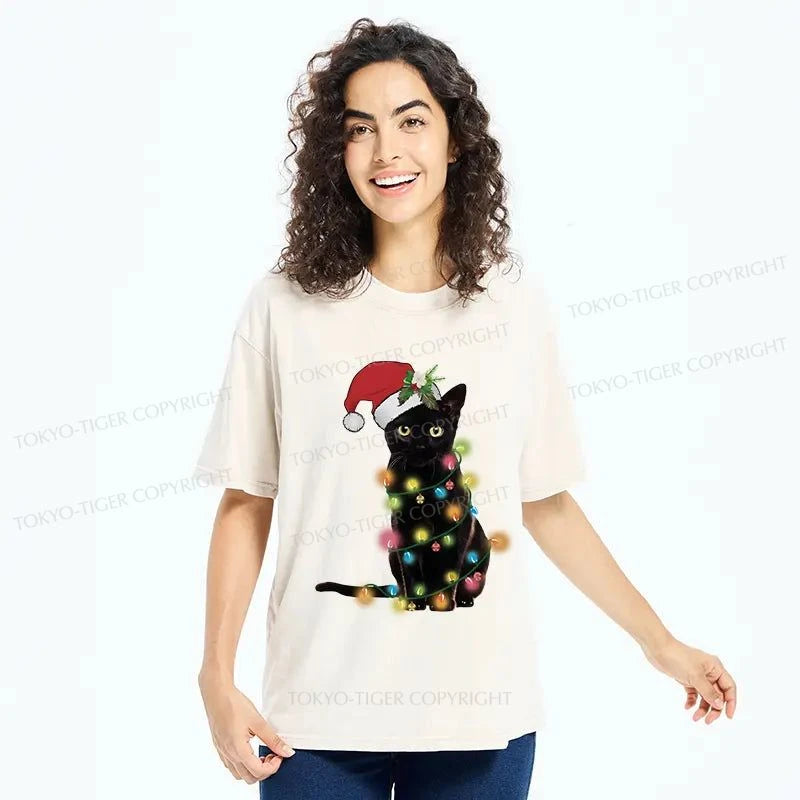 Tokyo-Tiger Cute Black Cat Christmas Washed T-Shirt