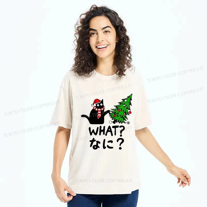 Tokyo-Tiger Naughty Cat Christmas Washed T-Shirt