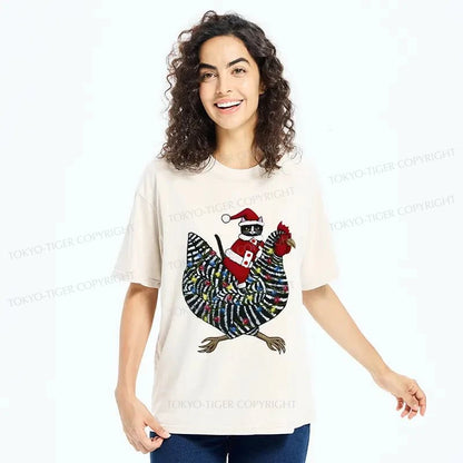 Tokyo-Tiger Christmas Cat Riding Chicken Washed T-Shirt