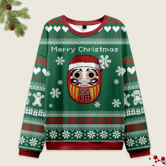 Tokyo-Tiger Japanese Daruma Green Christmas Ugly Sweater