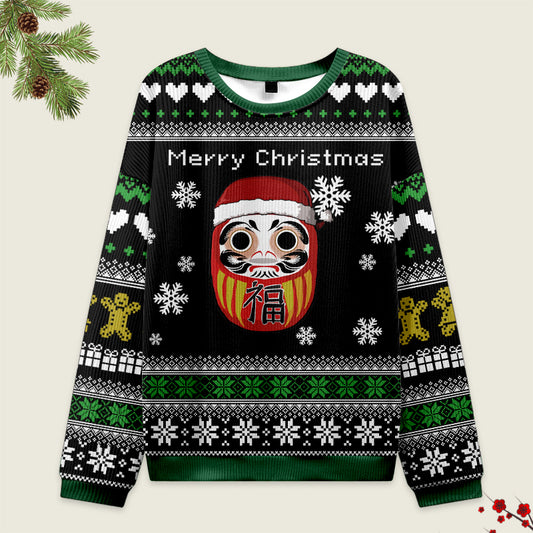 Tokyo-Tiger Japanese Daruma Black Christmas Ugly Sweater