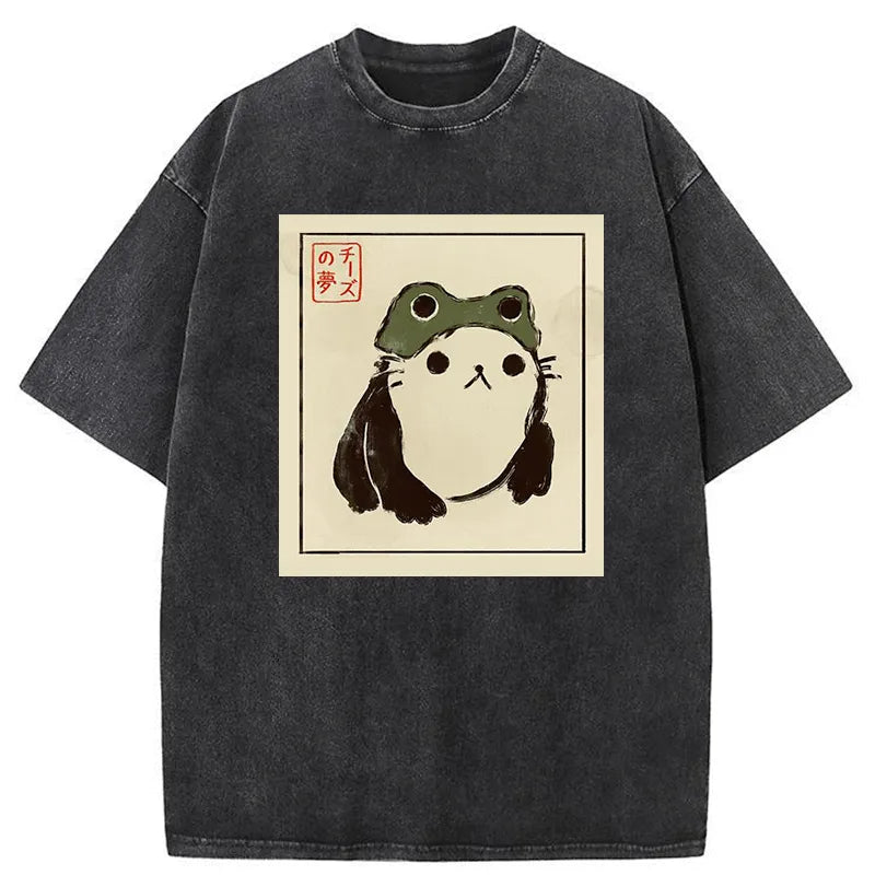 Tokyo-Tiger Cat In A Frog Hat Washed T-Shirt