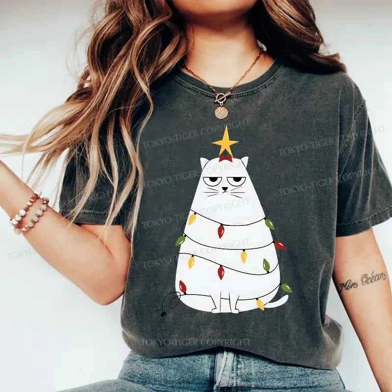 Tokyo-Tiger Chubby Cat Celebrates Christmas Washed T-Shirt