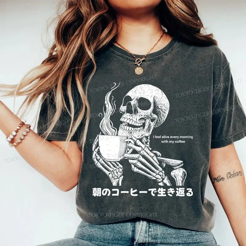 Tokyo-Tiger Skeleton Drinking Coffee Washed T-Shirt