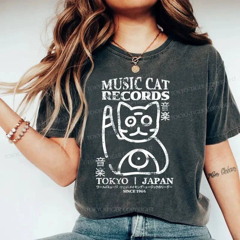 Tokyo-Tiger Music Cat Japanese Washed T-Shirt