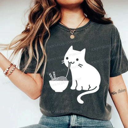 Tokyo-Tiger Cat Eating Ramen Japan Washed T-Shirt