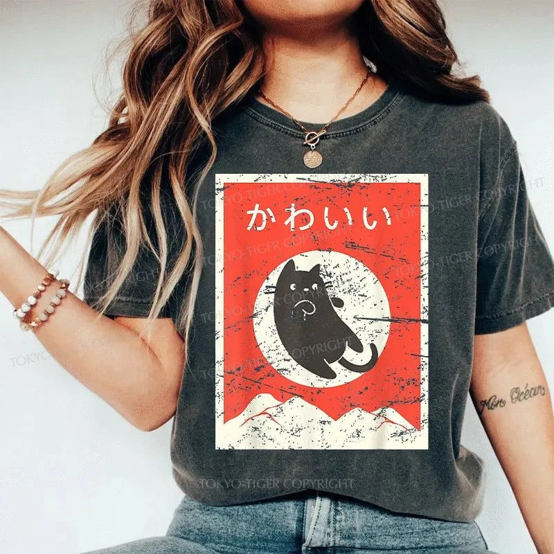 Tokyo-Tiger Cute Black Cat Japanese Washed T-Shirt