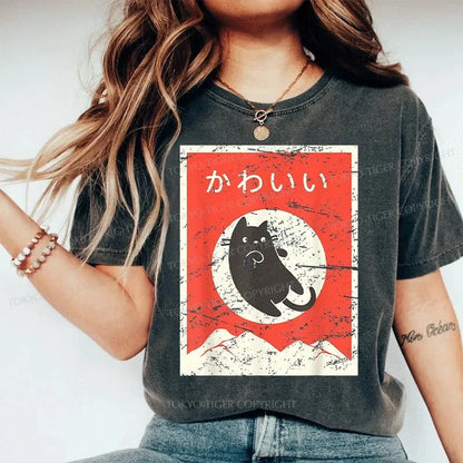 Tokyo-Tiger Cute Black Cat Japanese Washed T-Shirt