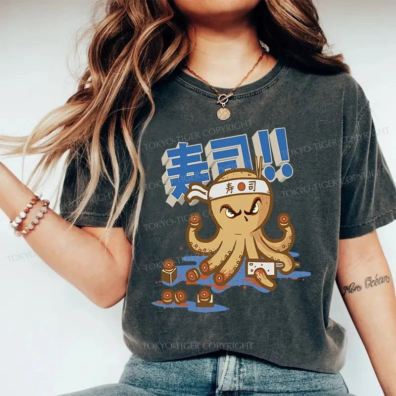 Tokyo-Tiger Sushi Octopus Washed T-Shirt