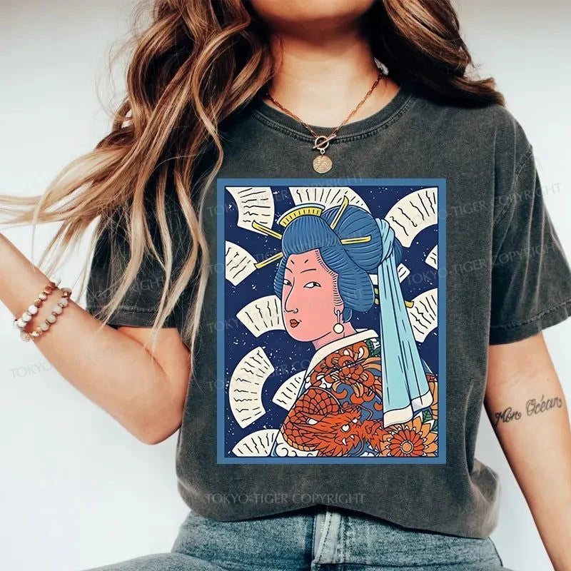 Tokyo-Tiger Ukiyoe Girl With Pearl Earring Washed T-Shirt