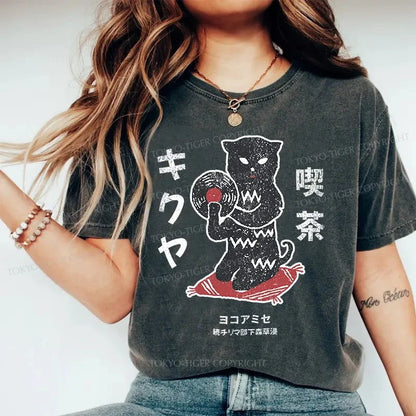 Tokyo-Tiger Vintage Black Cat Japanese Washed T-Shirt