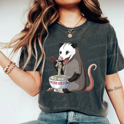 Tokyo-Tiger Possums Eat Ramen Noodles Washed T-Shirt