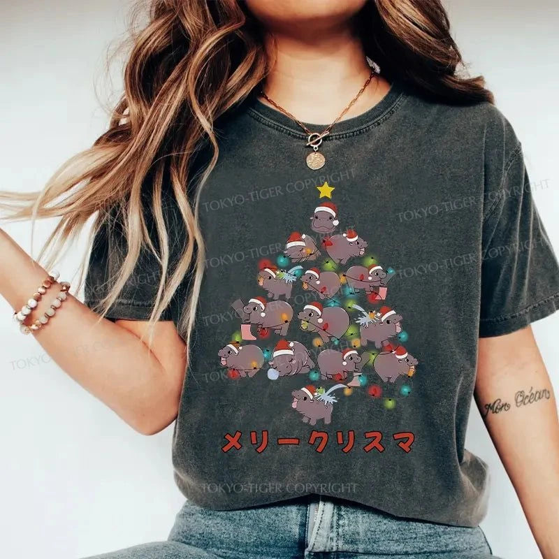 Tokyo-Tiger Moo Deng Christmas Tree Japanese Washed T-Shirt