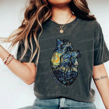 Tokyo-Tiger Van Gogh Starry Night Sky Heart Japanese Washed T-Shirt