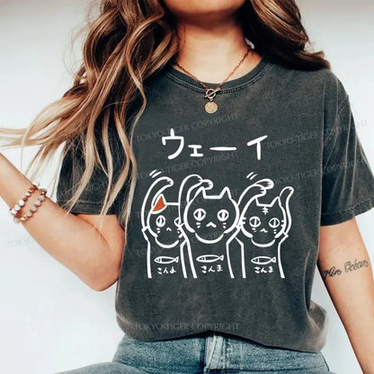 Tokyo-Tiger Rocking Kitty Japanese Washed T-Shirt