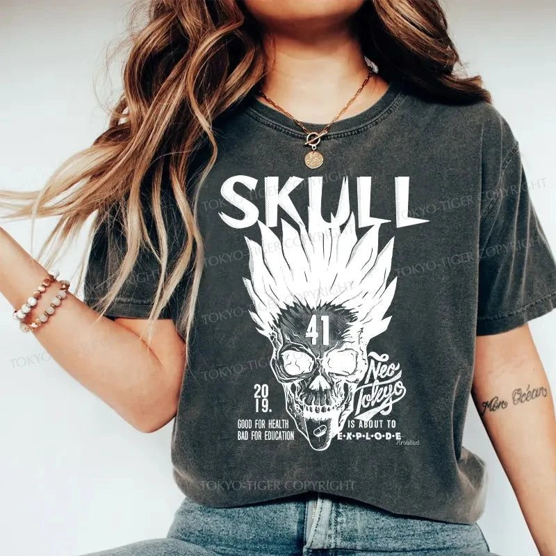 Tokyo-Tiger Japanese Scary Skull Washed T-Shirt