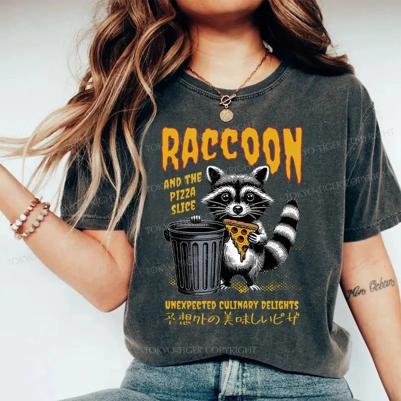 Tokyo-Tiger Raccoons Eat Pizza Washed T-Shirt