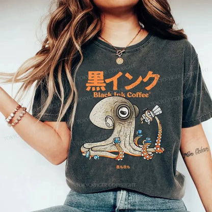 Tokyo-Tiger Octopus Drinks Black Coffee Washed T-Shirt