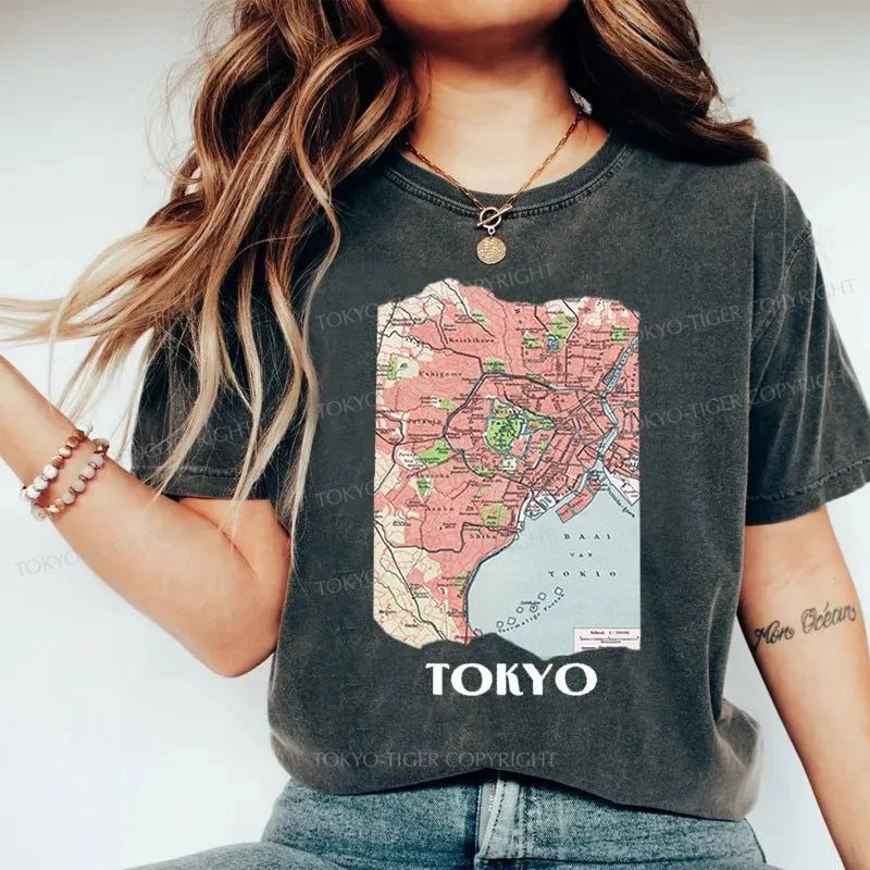 Tokyo-Tiger Tokyo City Vintage Map Washed T-Shirt