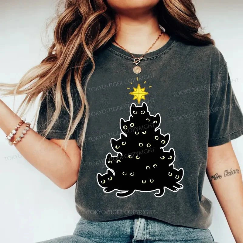 Tokyo-Tiger Black Cat Christmas Tree Washed T-Shirt