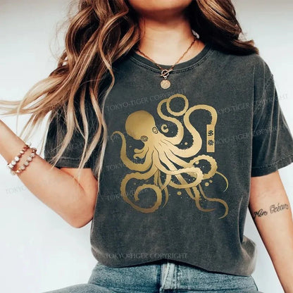 Tokyo-Tiger Japanese Calligraphy Version Of Octopus Washed T-Shirt