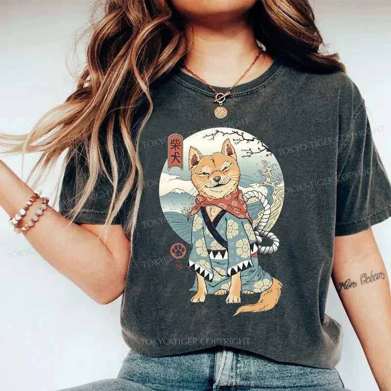 Tokyo-Tiger Samurai Shiba Dog Japanese Washed T-Shirt