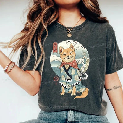 Tokyo-Tiger Samurai Shiba Dog Japanese Washed T-Shirt