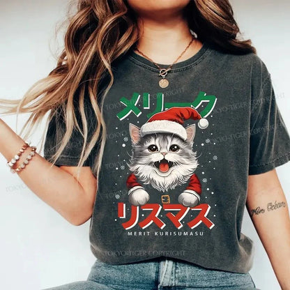 Tokyo-Tiger Cute Christmas Cat Washed T-Shirt